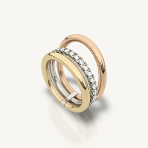Trio Ring from Inacio made from 18k recycled yellow gold, white gold, and rose gold with lab grown diamonds